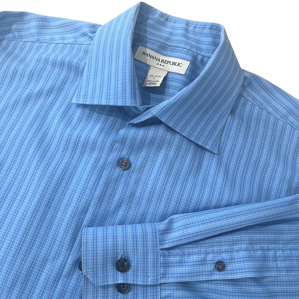 Banana Republic Mens Button Down Shirt L Blue Grid‎ Cotton Long Sleeve Office